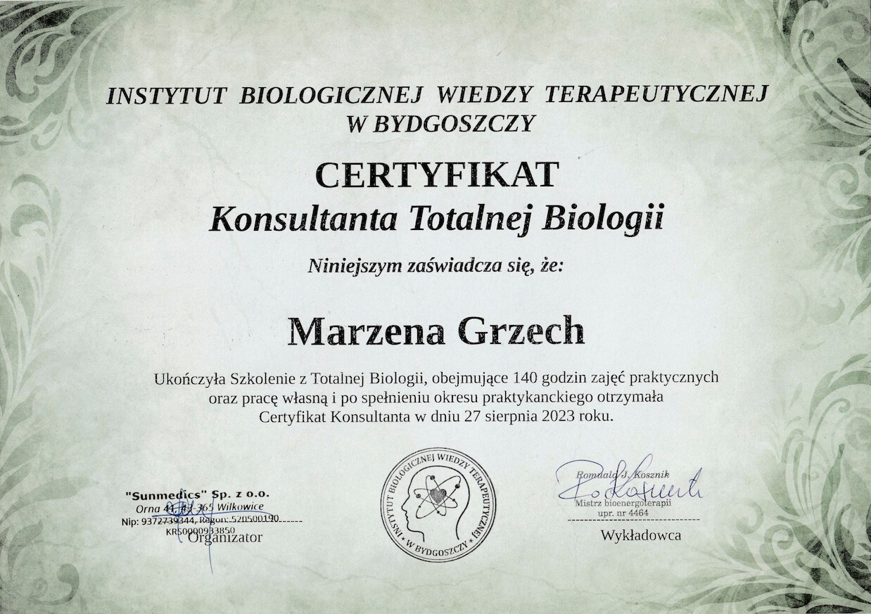Certyfikat konsultanta Totalnej Biologii