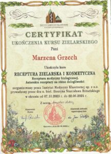 Certyfikat - kurs Receptura zielarska i kosmetyczna