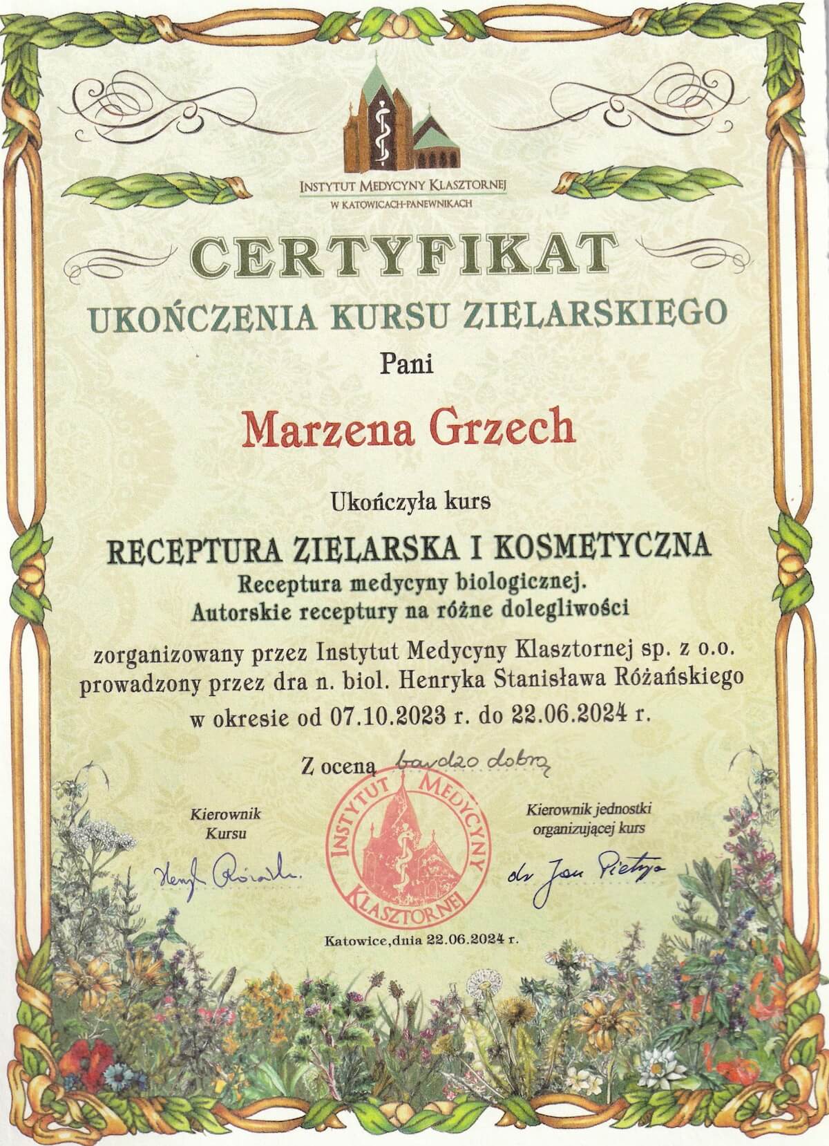 Certyfikat - kurs Receptura zielarska i kosmetyczna